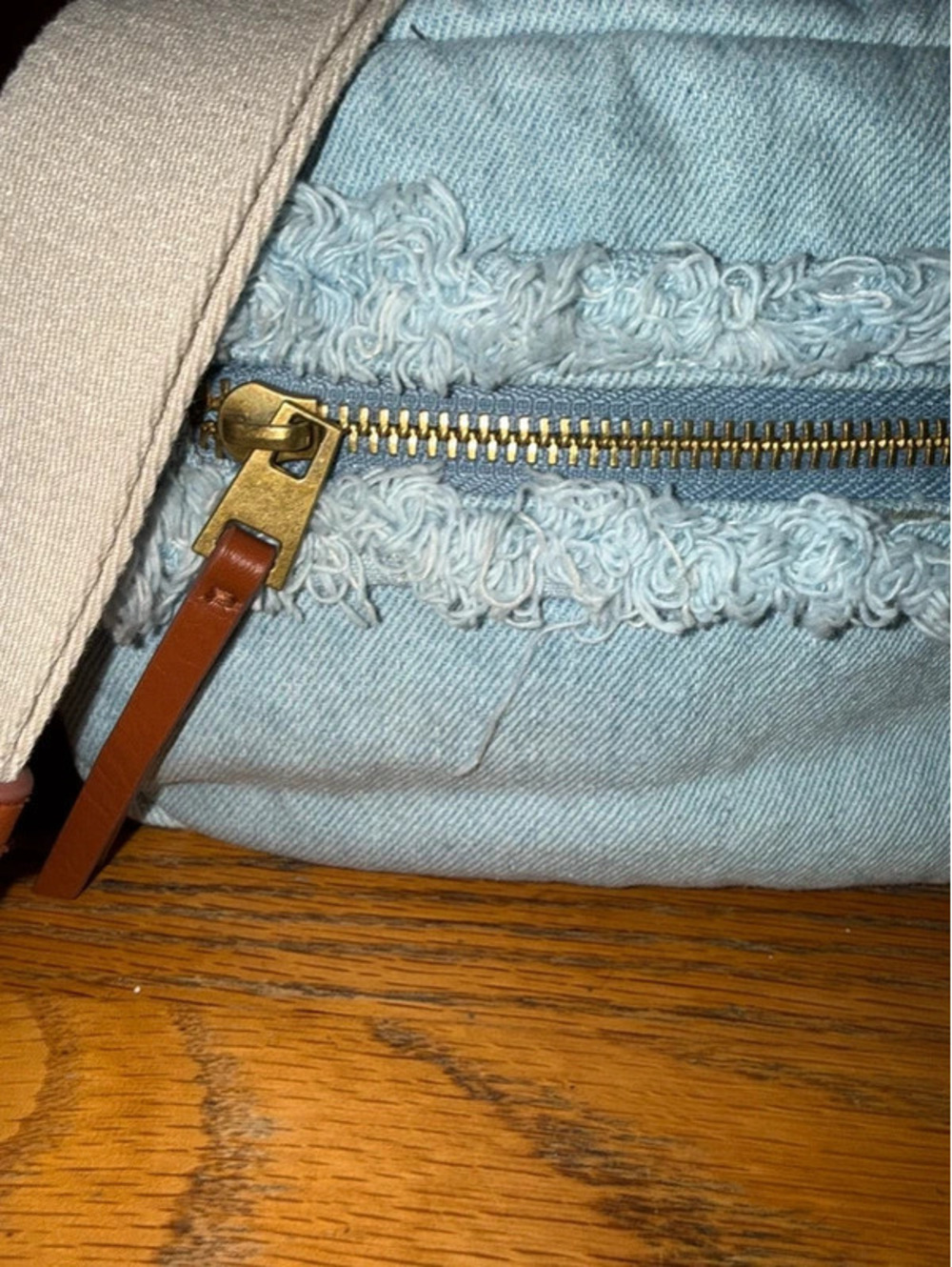 Universal Thread Denim Crossbody Bag Light Wash Frayed Trim Adjustable Strap